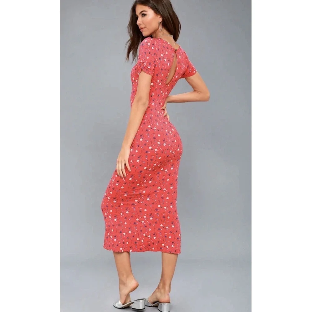 Free People Caroline Floral Midi Dress Women M Coral‎ Preppy Bohemian Peasant